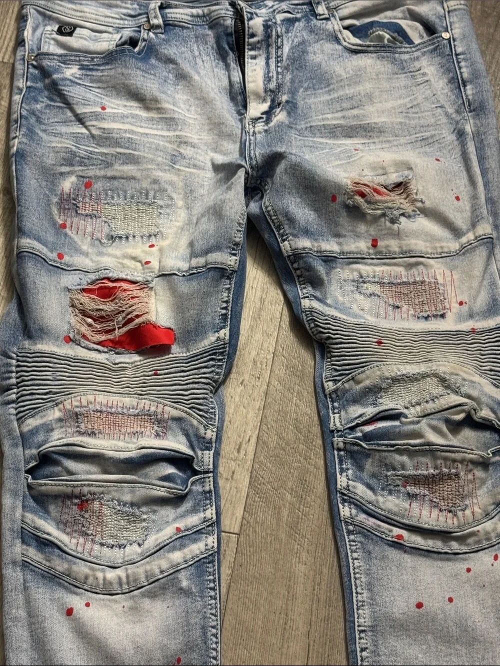 Men's Light Blue Skinny Distressed Jeans with Red Paint Detail - Picture 3 of 7